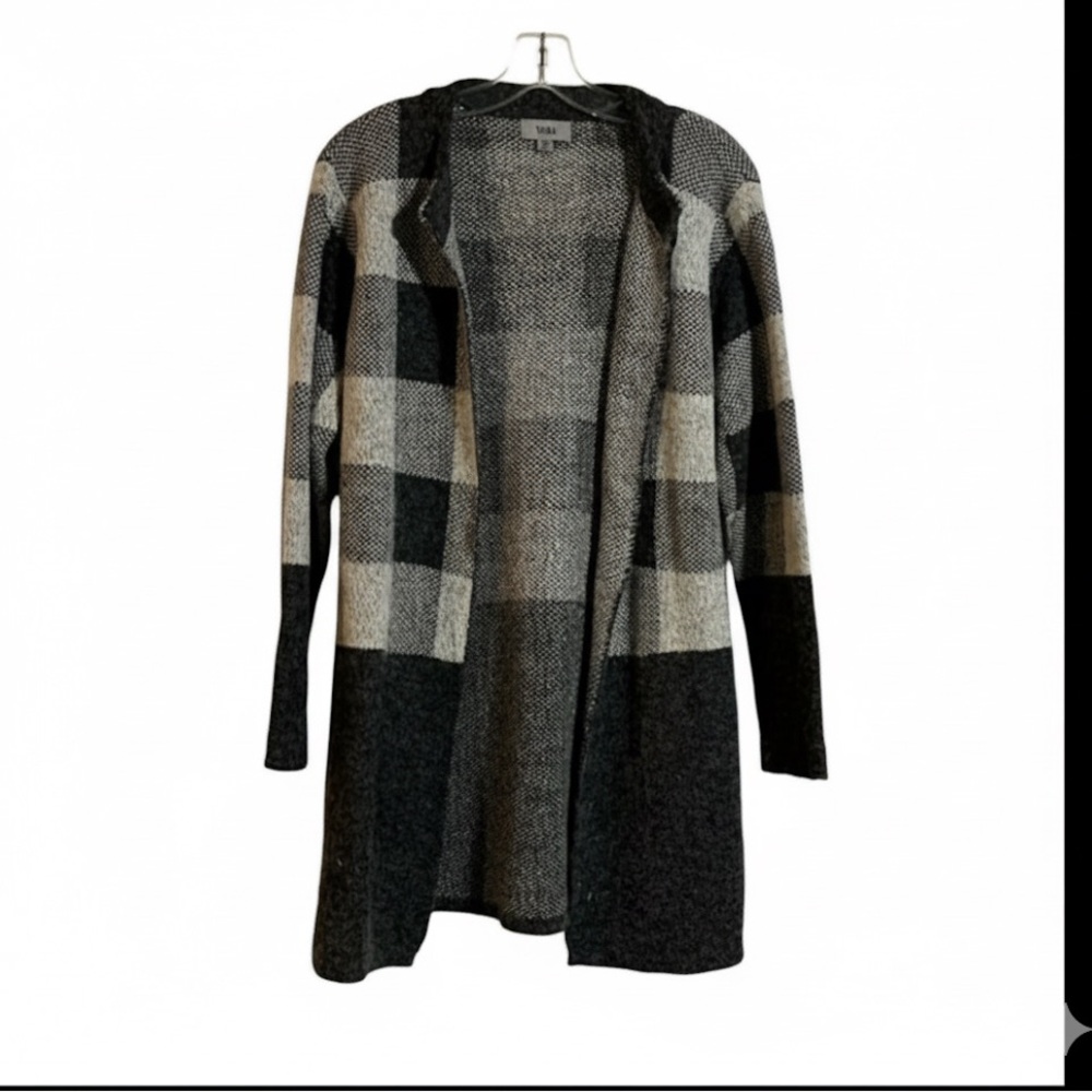 Open Front Cardigan Buffalo Plaid Black and Grey Size M EUC